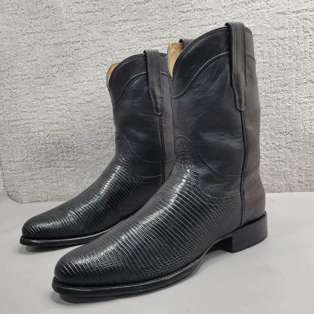 Tecovas The Earl Mens Size US 12.5D Obsidian Lizard Leather Pull-On Roper Boots